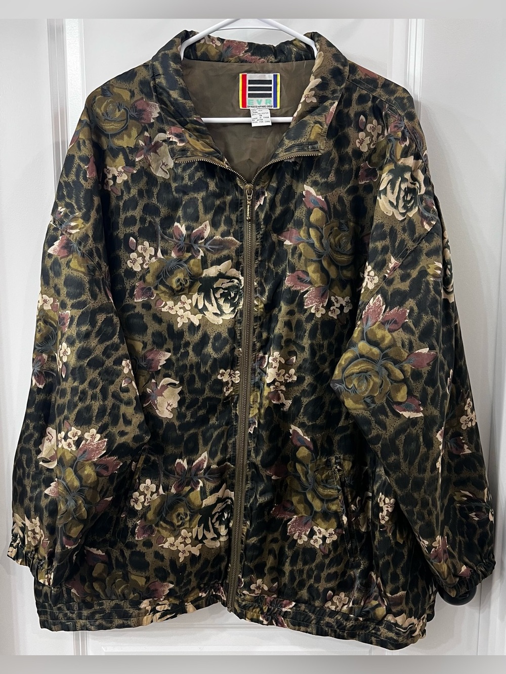 EUC Vintage EVR Floral Leopard Print Zip-Front Bomber Jacket, Olive/Black, 1X